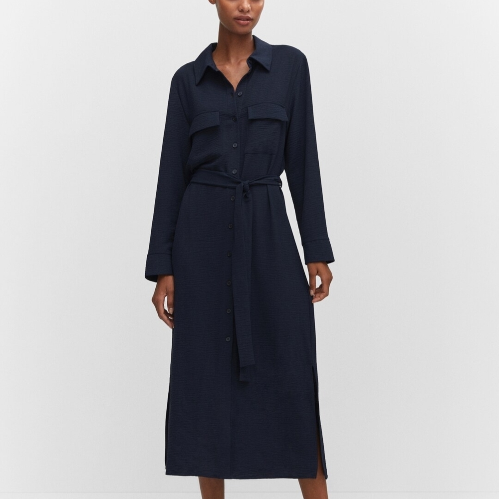 🥊NEW Mango Casual Tie Waist Navy Utility Pocket Shirt Dress